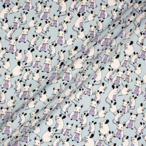 White Mouse Printed Soft Blue Stretch Silk Satin