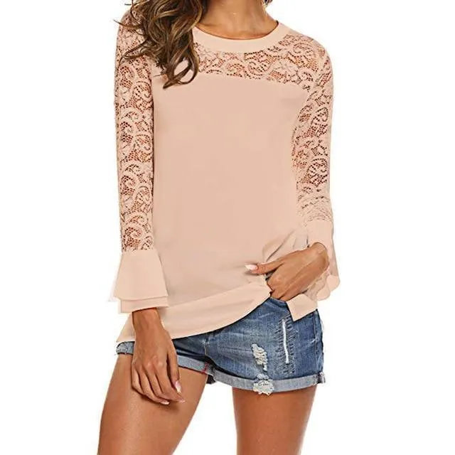 Women Blouse White Chiffon Lace Women Top