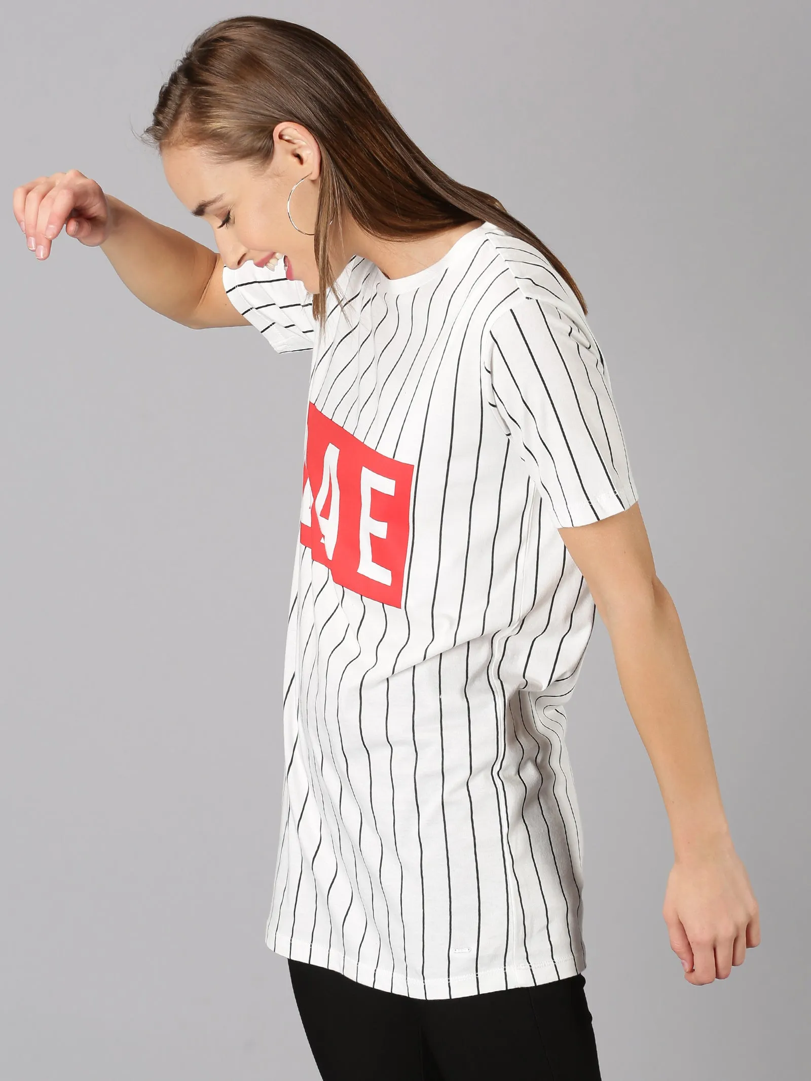 Women White Striped & Typography Round Neck Casual T-Shirt