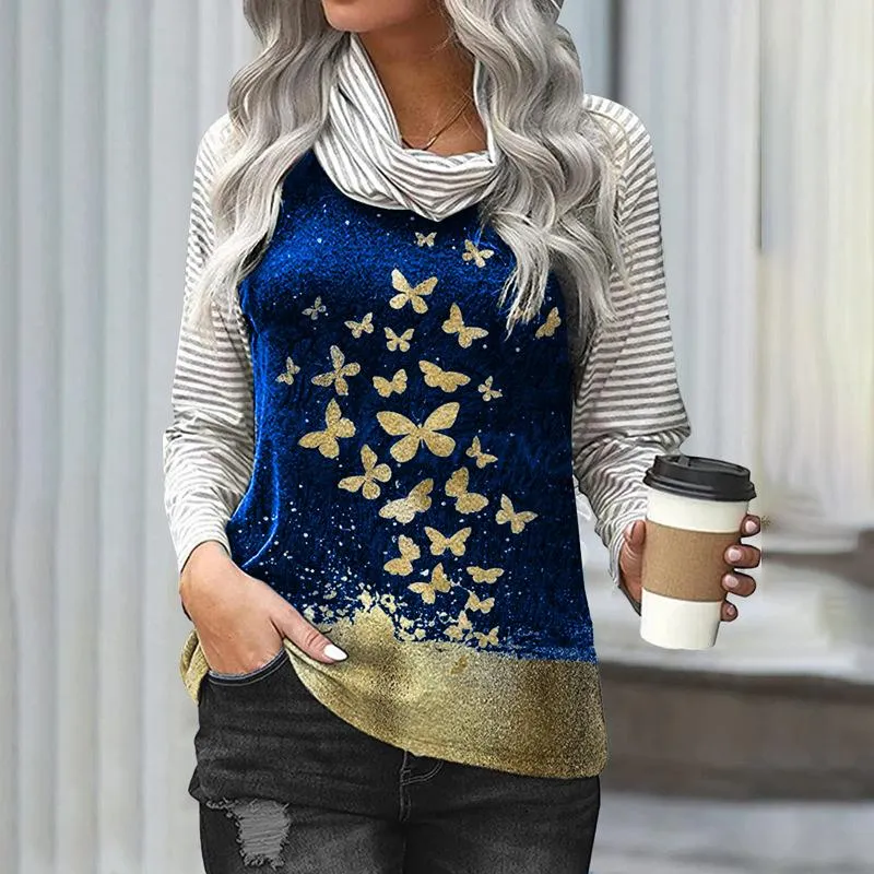 Women's stitching long-sleeved pile neck top striped sleeve printed T-shirt