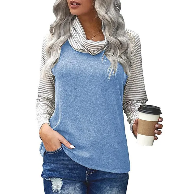 Women's stitching long-sleeved pile neck top striped sleeve printed T-shirt