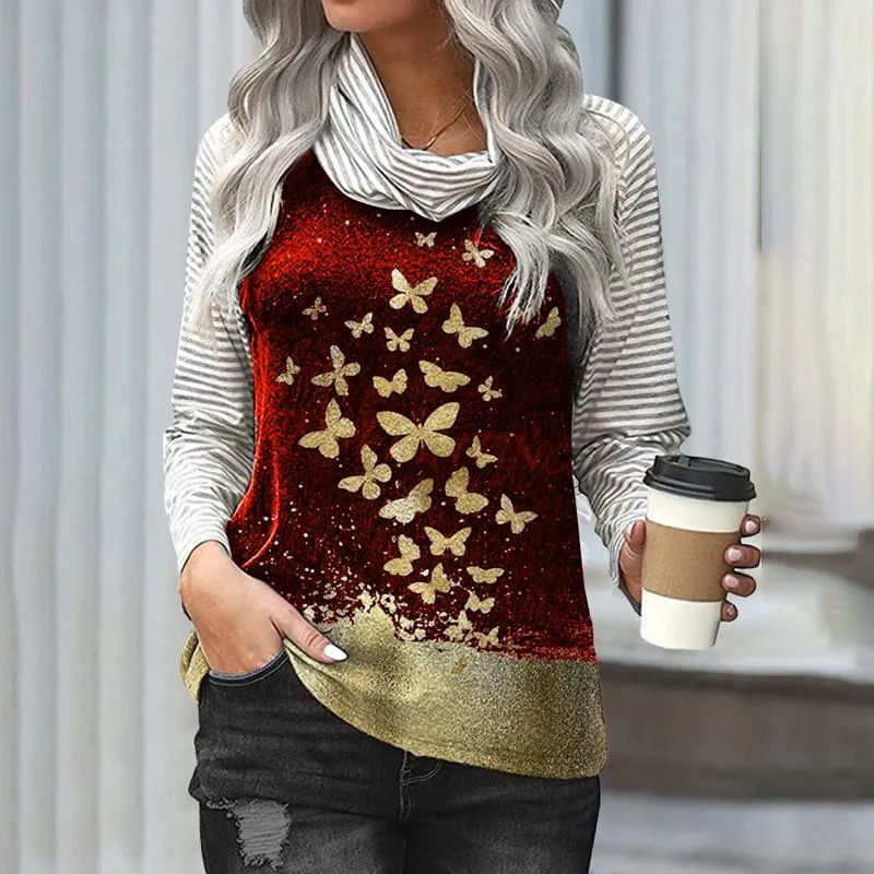 Women's stitching long-sleeved pile neck top striped sleeve printed T-shirt