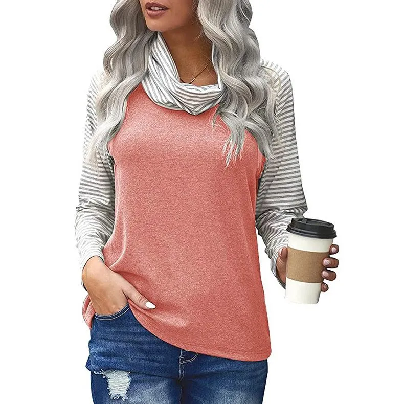 Women's stitching long-sleeved pile neck top striped sleeve printed T-shirt