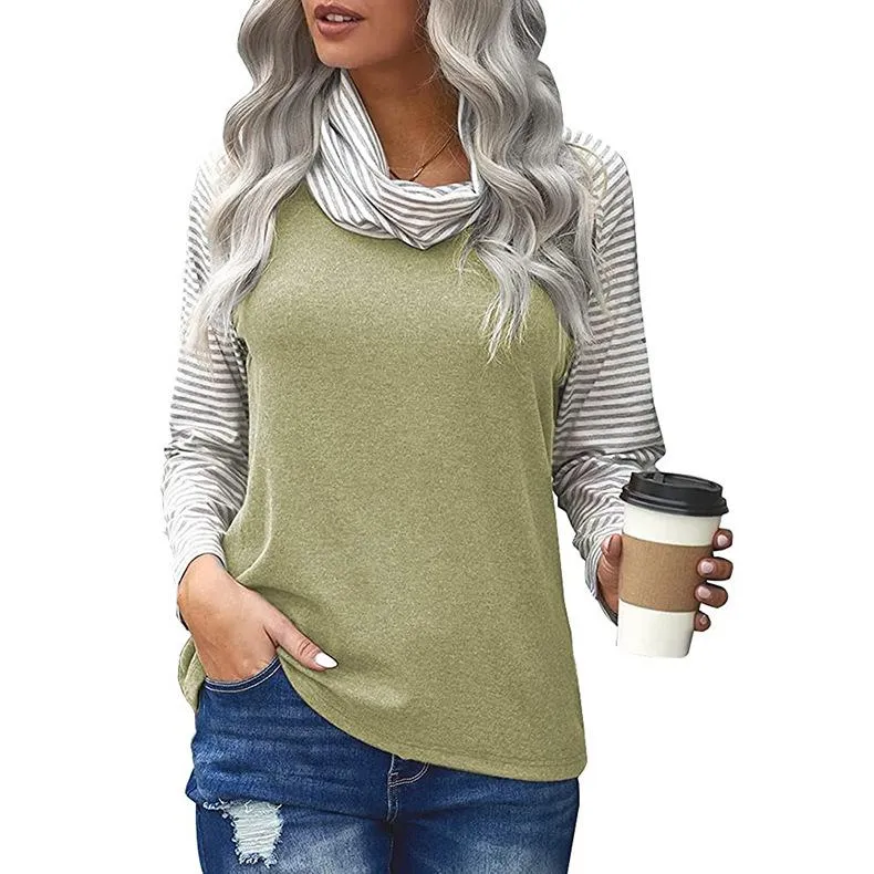 Women's stitching long-sleeved pile neck top striped sleeve printed T-shirt