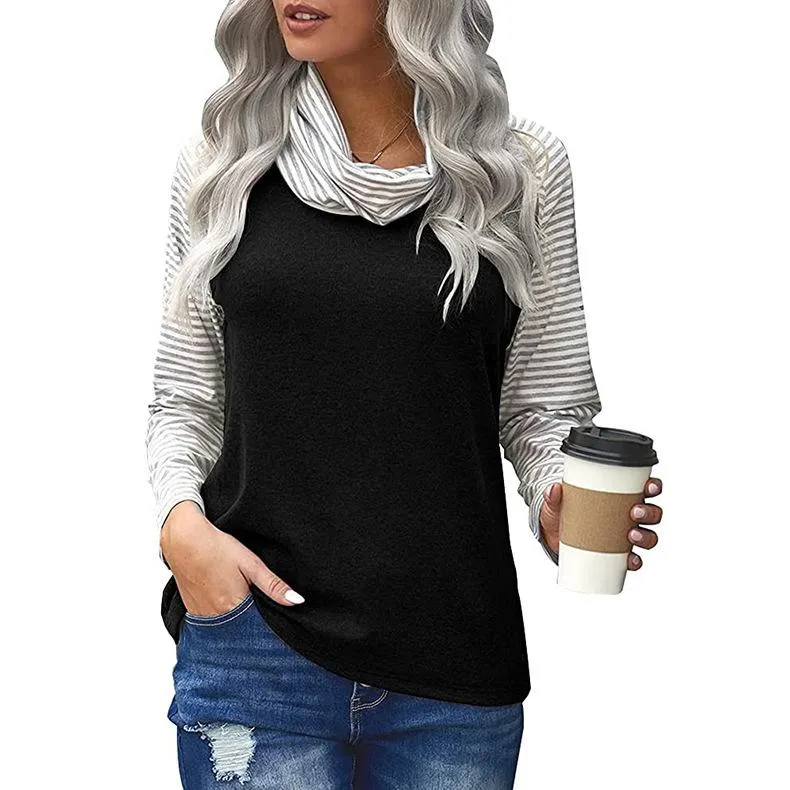 Women's stitching long-sleeved pile neck top striped sleeve printed T-shirt