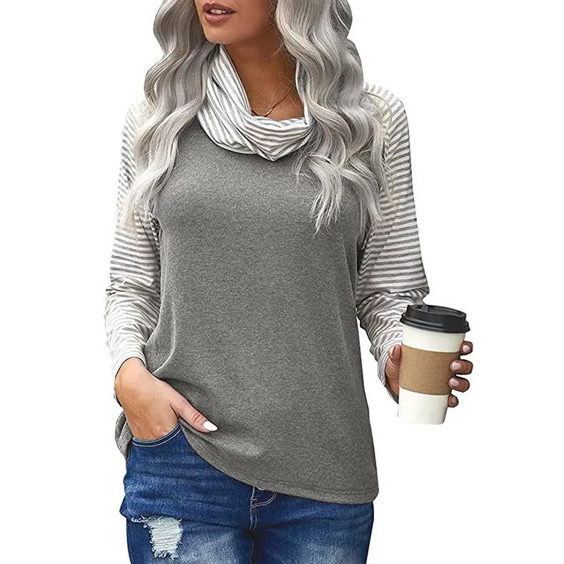 Women's stitching long-sleeved pile neck top striped sleeve printed T-shirt