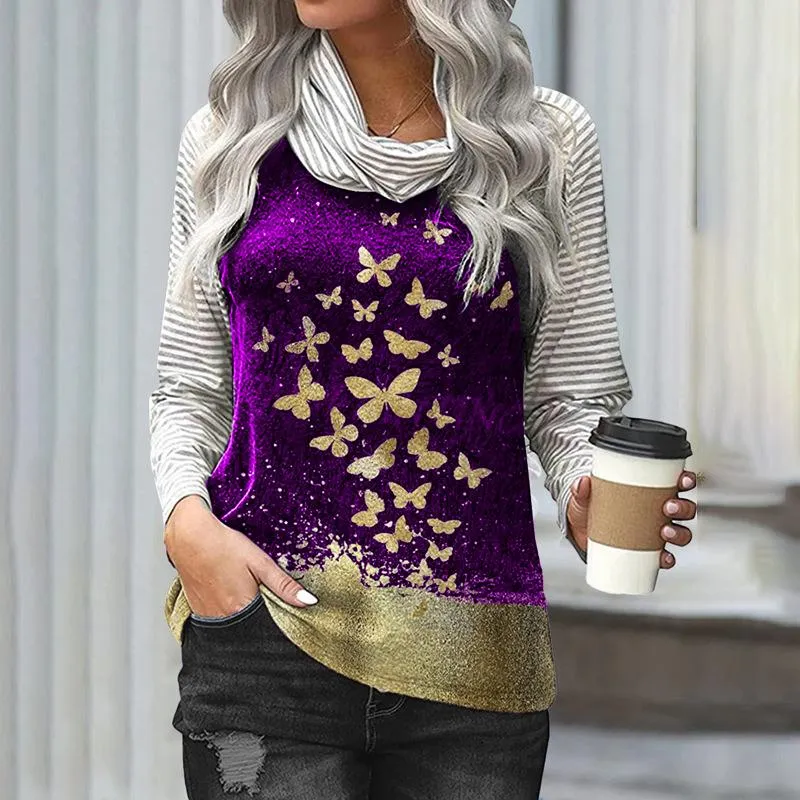 Women's stitching long-sleeved pile neck top striped sleeve printed T-shirt