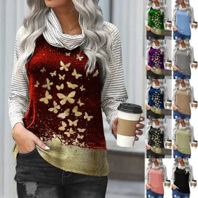 Women's stitching long-sleeved pile neck top striped sleeve printed T-shirt
